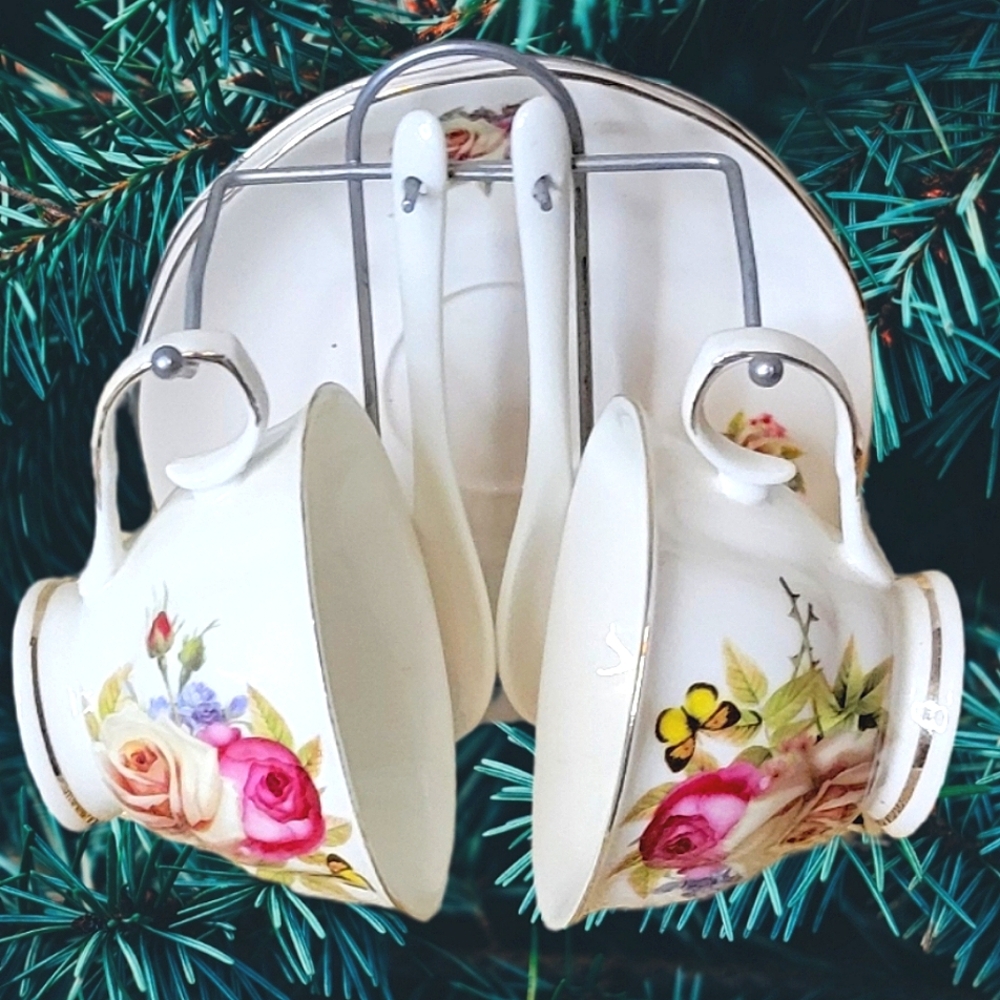 7 Piece European-style Tea Set Gorgeous Vibrant Floral Butterfly Hand Painted